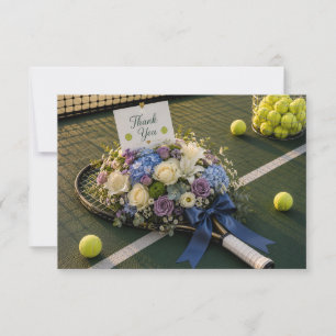 Tennis  racket and flowers on the court  thank you card