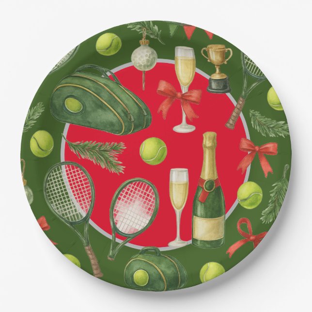 Tennis racket  ball black ink red  green Christmas Paper Plate (Front)