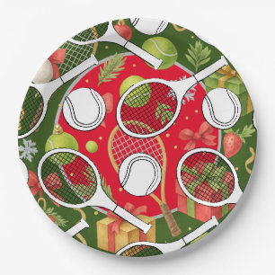 Tennis racket ball black ink red green Christmas Paper Plate
