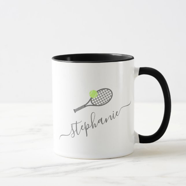 Tennis Racket Ball Grey Personalised Script Name  Mug (Right)