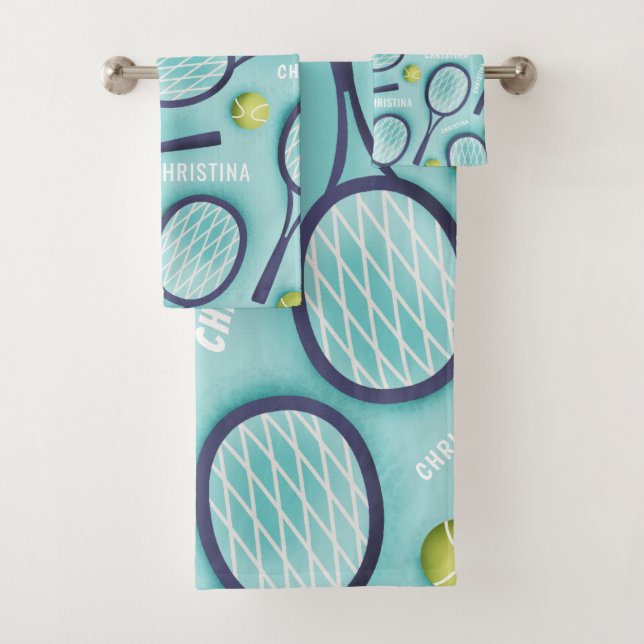 Tennis Racket Ball & Kids Girls Name Pattern Blue Bath Towel Set (Insitu)