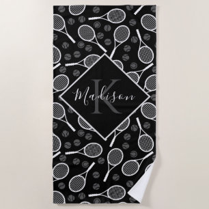 Tennis Racket Ball Pattern Initial & Name Monogram Beach Towel