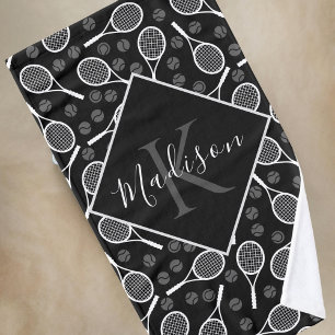 Tennis Racket Ball Pattern Initial & Name Monogram Hand Towel