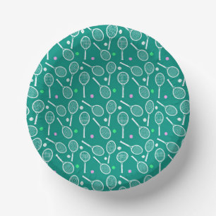 Tennis Racket & Ball Pattern Retro Emerald Green  Paper Plate