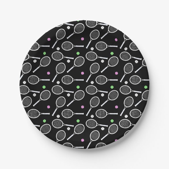 Tennis Racket Pattern Black Background Paper Plate (Front)