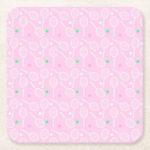 Tennis Racket Pattern Pastel Pink Party   Square Paper Coaster