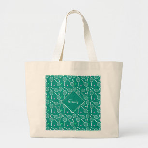Tennis Racket Pattern Retro Green Large Tote Bag
