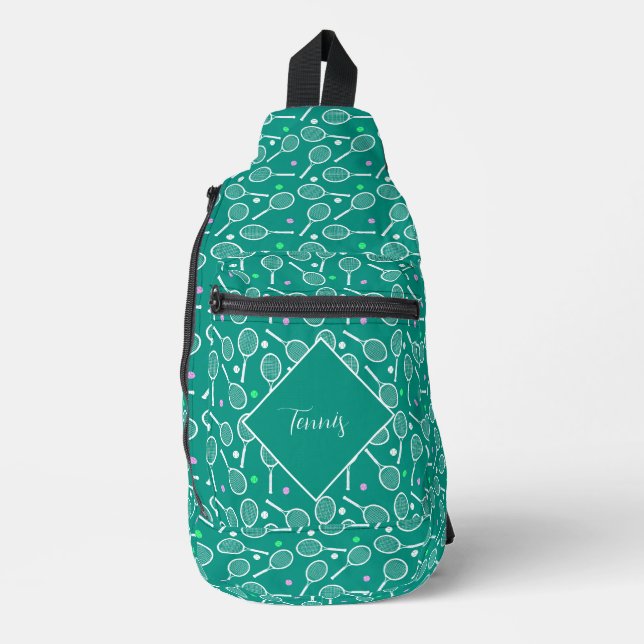 Tennis Racket Pattern Retro Green Personalised Sling Bag (Front)