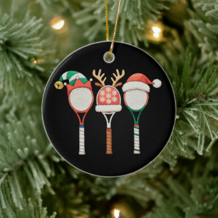Tennis Racket Reindeer Antlers Santa Hat Christmas Ceramic Ornament