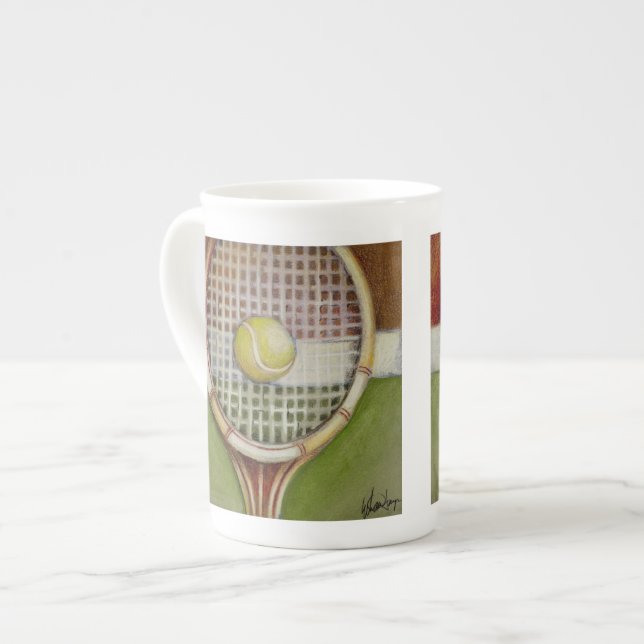 Tennis Racket with Ball Laying on Court Bone China Mug (Front Left)