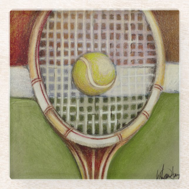 Tennis Racket with Ball Laying on Court Glass Coaster (Front)