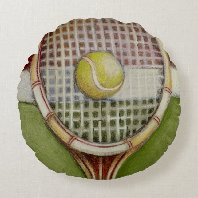 Tennis Racket with Ball Laying on Court Round Cushion (Front)