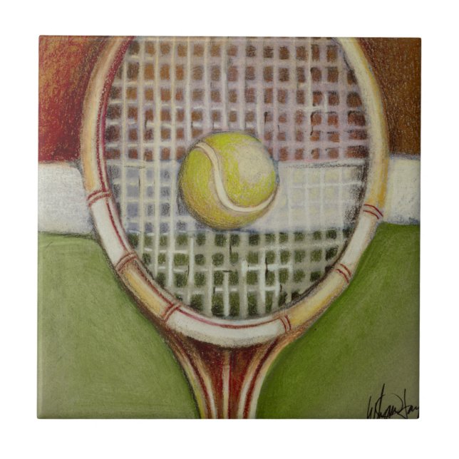 Tennis Racket with Ball Laying on Court Tile (Front)