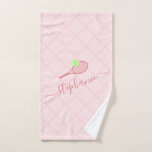 Tennis Racket Womens Sport Hand Towel<br><div class="desc">Coral pink personalised tennis design kitchen towel with a monogram,  name,  or custom text features a simple elegant feminine calligraphy font with a tennis racket and tennis ball icon and court net background pattern.</div>