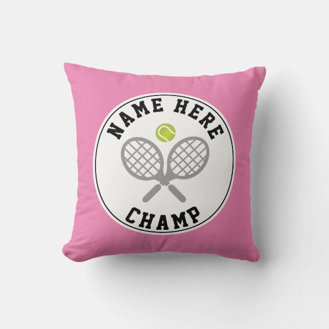Tennis rackets and ball champ and player name pink cushion (Front)