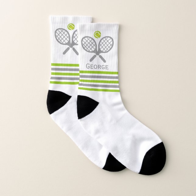 Tennis rackets and ball green and grey stripes socks (Pair)