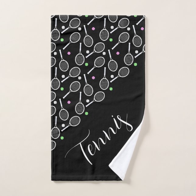 Tennis Rackets and Balls Black   Hand Towel (Hand Towel)