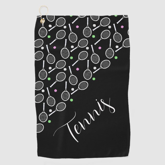 Tennis Rackets and Balls Black Personalized   Golf Towel (Front)