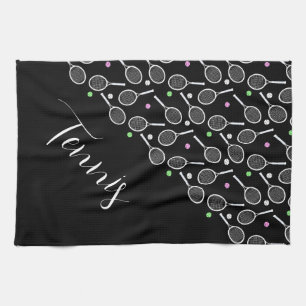 Tennis Rackets and Balls Black Personalized Tea Towel