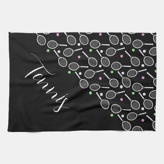 Tennis Rackets and Balls Black Personalized   Tea Towel (Horizontal)