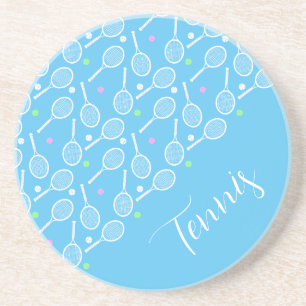 Tennis Rackets and Balls Light Blue Coaster