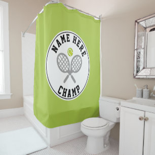 Tennis rackets, ball champ and player name green shower curtain