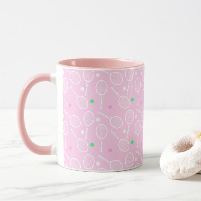 Tennis Rackets & Ball Pattern Pastel Pink  Mug (With Donut)