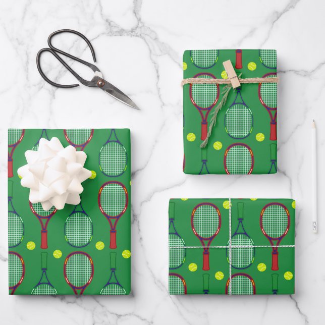 Tennis Rackets & Balls Pattern Wrapping Paper Sheet (Front)