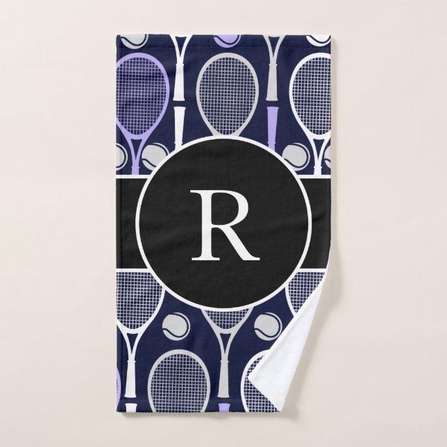Tennis Rackets & Balls Team Name Monogram Purple Hand Towel (Hand Towel)