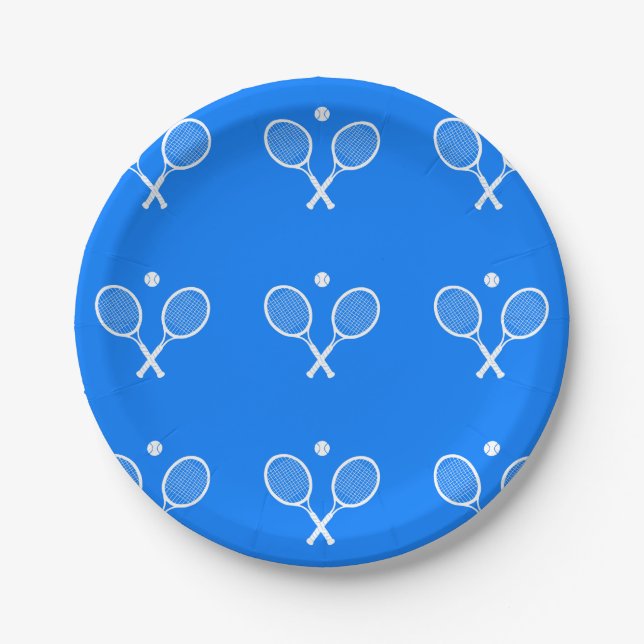 Tennis Rackets Blue Background   Paper Plate (Front)