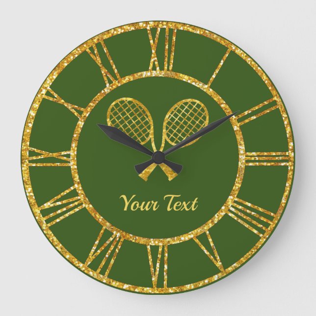 Tennis Rackets in Gold Your Text Large Clock (Front)