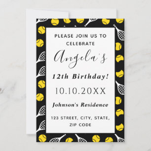 Tennis Racquet Ball Pattern Kids Birthday Party Invitation