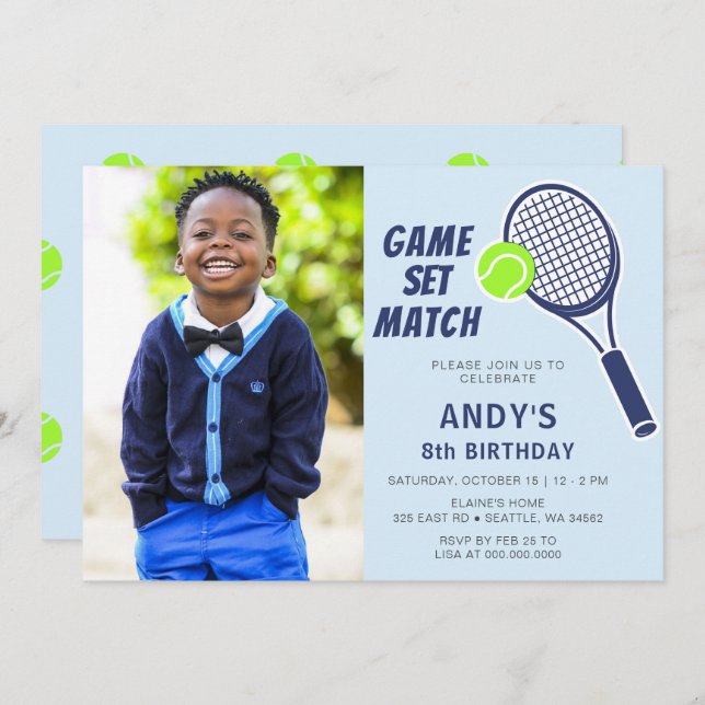 Tennis Racquet Blue Boys Photo Birthday Invitation (Front/Back)