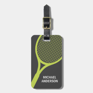 Tennis racquet personalised name green and grey luggage tag