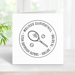 Tennis Racquet Racket and Balls Round Address Rubber Stamp