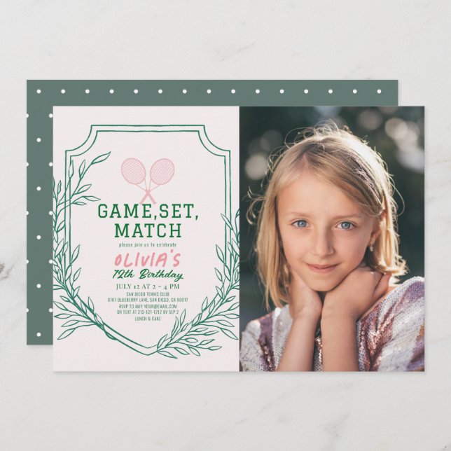 Tennis Racquet Retro Pink & Green Girl Birthday Invitation (Front/Back)