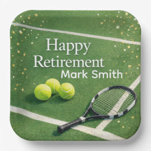 Tennis Retirement with tennis racket and ball Paper Plate