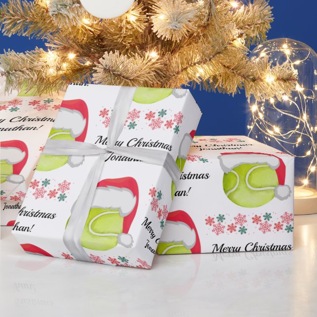 Tennis Santa Ball Merry Christmas & Kid's Name Wrapping Paper (Holidays)
