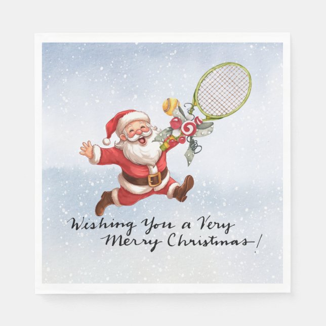 Tennis Santa Claus with Gift for Christmas Napkin (Front)