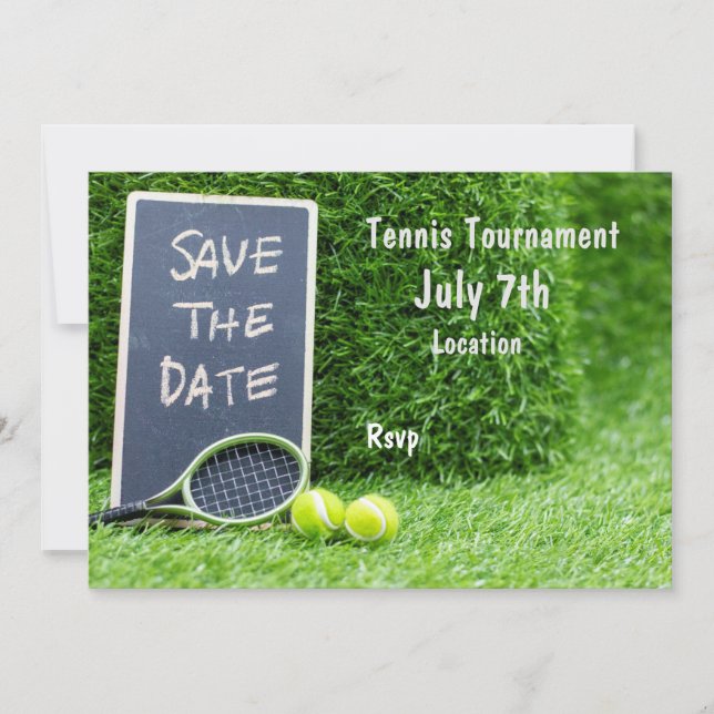Tennis  save the date on chalk board with racket invitation (Front)