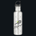 Tennis Script Name Customised 710 Ml Water Bottle<br><div class="desc">Silver and black personalised black stainless steel water bottle with a tennis racket monogram in an elegant and cute calligraphy script font with a subtle net pattern background.</div>