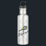 Tennis Script Name Customised 710 Ml Water Bottle<br><div class="desc">Silver and black personalised black stainless steel water bottle with a tennis racket monogram in an elegant and cute calligraphy script font with a subtle net pattern background.</div>