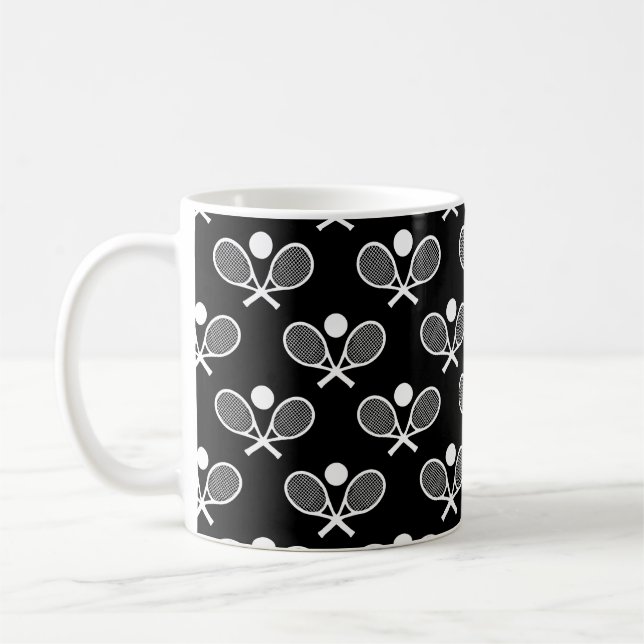 Tennis Seamless Pattern - Racket and Ball on Black Coffee Mug (Left)