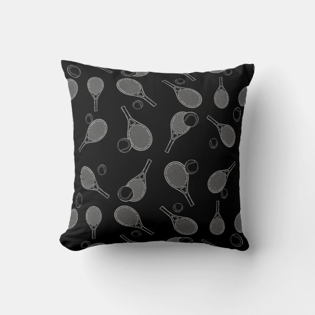 Tennis Seamless Pattern - Racket and Ball on Black Cushion (Front)