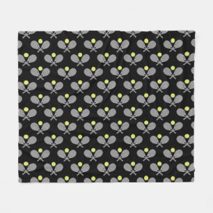 Tennis Seamless Pattern - Racket and Ball on Black Fleece Blanket