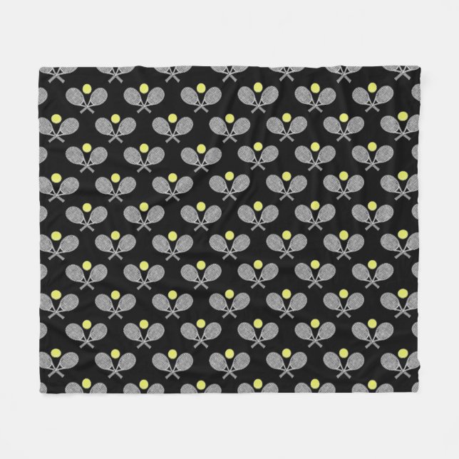 Tennis Seamless Pattern - Racket and Ball on Black Fleece Blanket (Front (Horizontal))