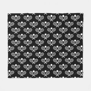 Tennis Seamless Pattern - Racket and Ball on Black Fleece Blanket