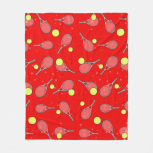 Tennis Seamless Pattern - Racket and Ball on Red Fleece Blanket