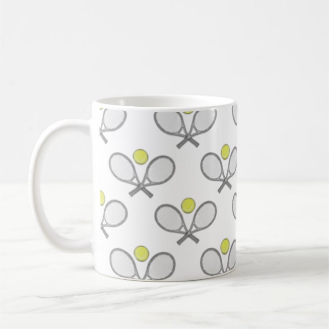 Tennis Seamless Pattern - Racket and Ball on White Coffee Mug (Left)