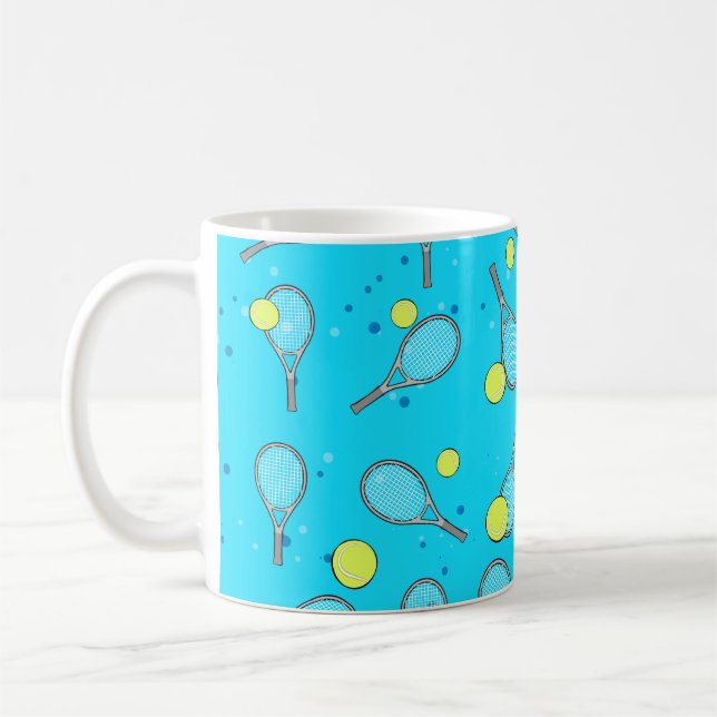 Tennis Seamless Pattern - Racket & Ball on Blue Ba Coffee Mug (Left)
